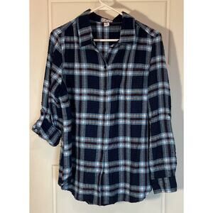 Dash Blue Plaid 1 Breast Pocket Roll Tab Sleeve Textered Relaxed Top M